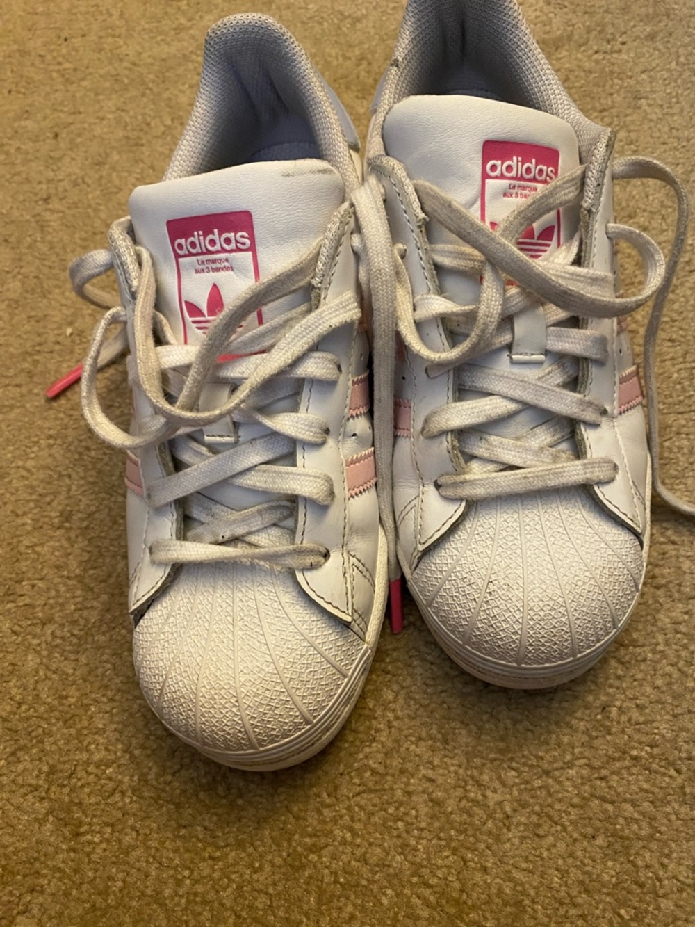 adidas Kids White Sneakers with Pink Logos and Stripes